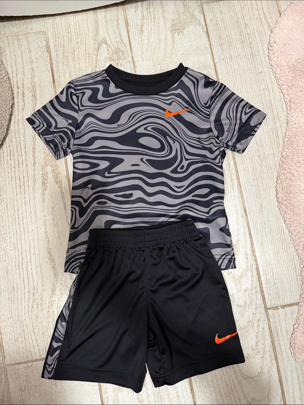 Nike Black & Gray Swirl Dri-FIT Shirt and Shorts with Orange Swoosh
